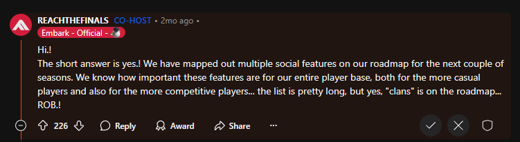 A look at the Reddit post regarding Clans